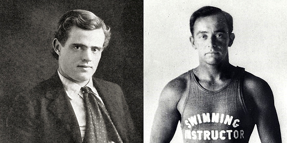 Jack London and Alexander Hume Ford.  Ford  turned London on to surfing.